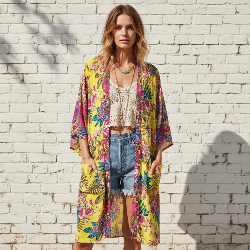 Time Tru L 12 14 Kimono Duster Tunic Yellow Floral Coverup Boho Dopamine Resort
